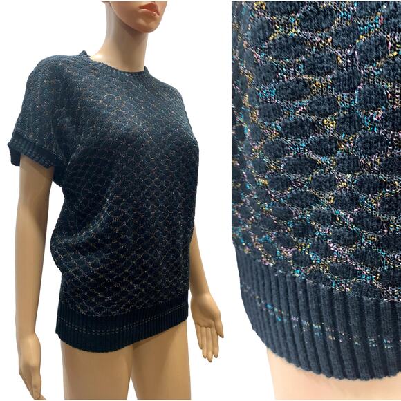 70s Black Oversized Sweater Vest w Rainbow Metallic | Kenneth Too! | XS/S - Picture 1 of 9
